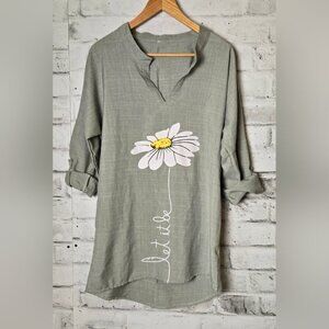 Lightweight Green Tunic Top with Daisy Let it Be